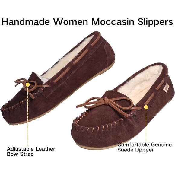 Women's Dark Brown Leather Faux Fur Pile lace Up Cozy Bow Warm Slippers Shoes - Picture 2 of 5